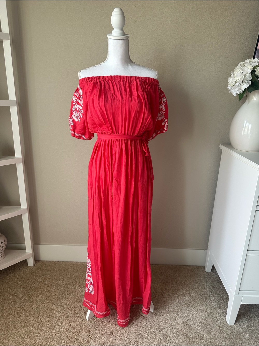Chicwish Red Off-Shoulder Embroidered Maxi Dress